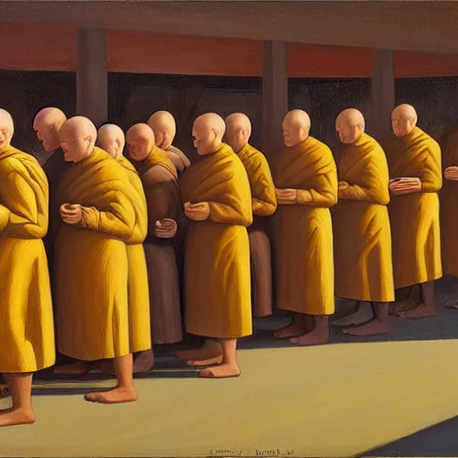 Image similar to monks queue up for ice cream, grant wood, pj crook, edward hopper, oil on canvas