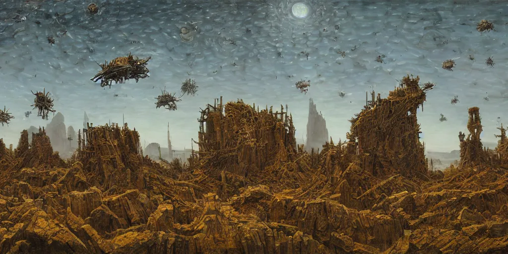 Prompt: A Detailed Painting of Technological Honeycomb in the style of Assemblage, Mechanical Sci-fi Landscape by Caspar David Friedrich, Laurie Greasley, Moebius and H.R. Giger, 4K 64 megapixels 8K resolution DSLR filmic HDR Kodak Ektar wide-angle lens 3D shading Behance HD CGSociety Cinema 4D IMAX shadow depth rendered in Blender Unreal Engine hyperrealism photoillustration, Mystical Sci-fi Concept Art, Technological, Cables, Wires, Landscape, Mechanically Enhanced Honeycomb, Cybernetic, Ambient Lighting, Honeycomb, Glowing Amber, Honey