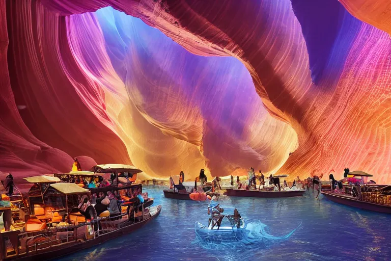 Image similar to floating markets of times square river with bioluminescent wave in new york city mixed antelope canyon during sakura season on an interstellar aurora borealis, gold waterfalls, vendors, festivals, fun, by peter mohrbacher, james jean, james gilleard, greg rutkowski, vincent di fate, rule of thirds, octane render, beautiful landscape