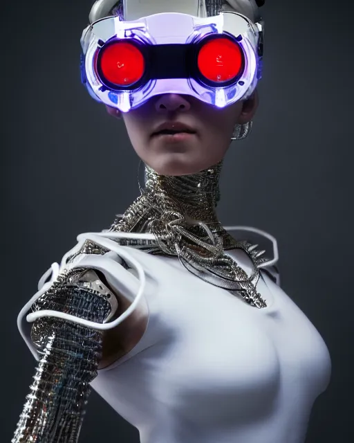 Image similar to centered portrait photo by bouguereau of female dancer as a cyberpunk mecha humanoid robotic parts wearing goggles with led lights, inside white room, ultra - realistic and detailed, long exposure, soft focus, hdr 8 k