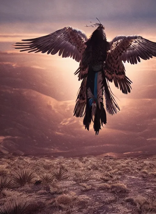 Image similar to Navajo shaman morphing into an eagle during a Sundance, realistic, cinematic, octane render