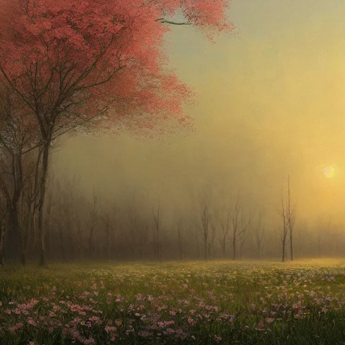 Prompt: a beautiful painting of spring at chernobyl by ivan aivazovsky and zdzisław beksinski and rene magritte and greg rutkowski and james gurney, in style of digital art. hyper detailed, sharp focus, soft light. octane render. maya. ray tracing. trending on artstation