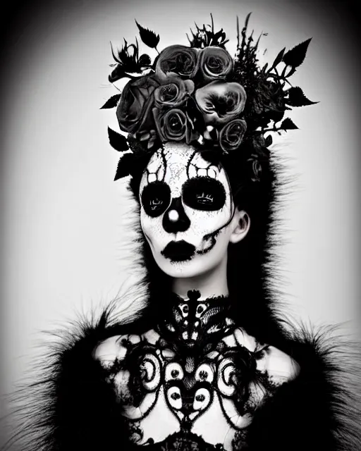 Image similar to dark surreal poetic black and white photo of a beautiful young silver bio-mechanical-female-vegetal-cyborg with a fur metal fine lace face, a very long neck and a fine metal floral foliage super big gothic lace collar and very high big floral crown with many black dry roses by Vivienne Westwood:: smoke, high fashion, haute couture, rococo, avant-garde, silver filigree details, anatomical, facial muscles, cable wires, microchip, elegant, dreamy, foggy atmosphere, hyper realistic, 150 mm lens, soft rim light, octane render, unreal engine, picture was taken in 1910 by Man Ray, volumetric lighting, dramatic light,8k,