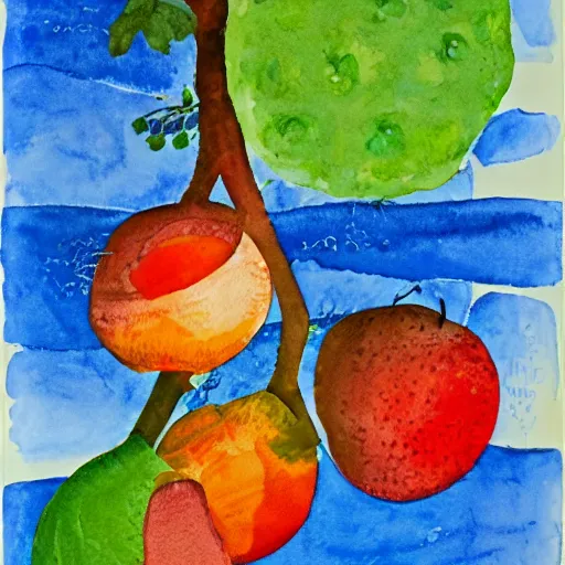 Prompt: watercolor and collage by eric carle, of a man thinking about fruit, peaceful mood, movie poster