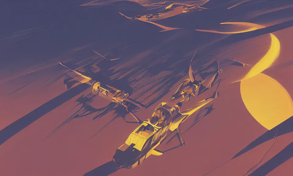 Prompt: digital art, birds eye view, berber witch over the desert at night, by syd mead, syd mead color scheme, sci - fi, arik roper, kirby krackle, concept art