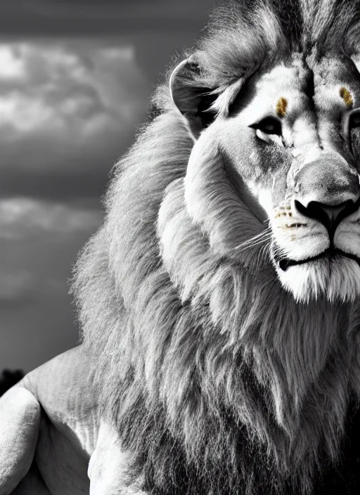 Image similar to lion and lioness black and white portrait white sky in background