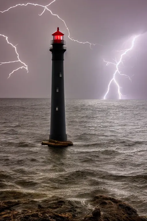 Prompt: photo lighthouse on island, heavy rain, lightning storm, boat lights in distance, night, light shining, XF IQ4, 150MP, 50mm, f/1.4, ISO 200, 1/160s, natural light, Adobe Photoshop, Adobe Lightroom, DxO Photolab, polarizing filter, Sense of Depth, AI enhanced, HDR