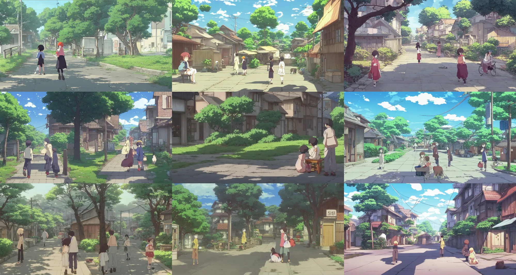 Prompt: beautiful slice of life anime scene of rural street, relaxing, calm, cozy, peaceful, by mamoru hosoda, hayao miyazaki, makoto shinkai