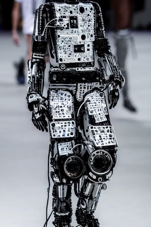 Image similar to men's streetwear worn by a robot on the fashion runway, made of circuits and mylar, high details, full frame shot