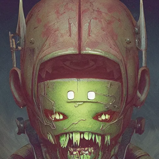 Image similar to minimalist cyborg goblin with maniacal expression and bulging eyes inside byzantine hong kong hoarder labaratory, portrait by by greg rutkowski and h. r. giger and stalenhag and deak ferrand, studio ghibli composition