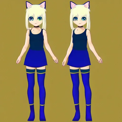 Image similar to full body character concept art of a little cat girl with yellow hair and blue eyes in chibi style