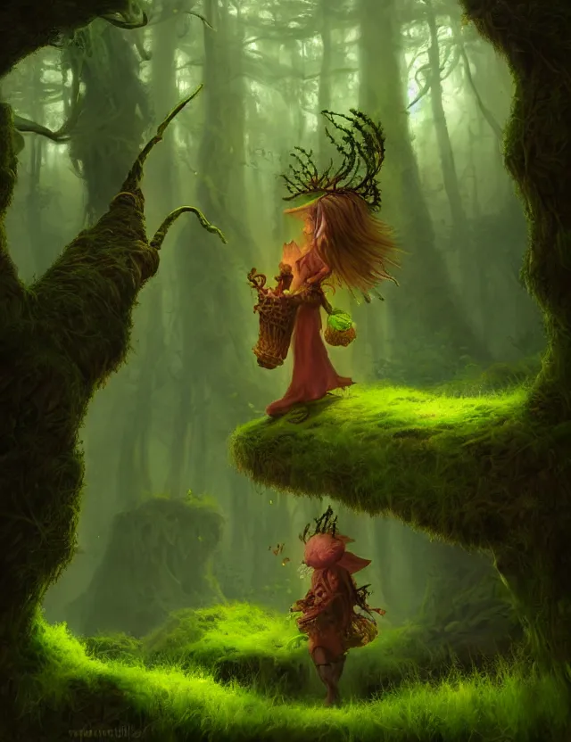 Image similar to herbalist of the moss woods. this air brush painting by the award - winning concept artist has an interesting color scheme, plenty of details and impeccable lighting.