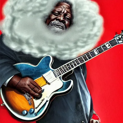 Image similar to b. b king, sitting in a fluffy cloud, playing an electric semi - hollow guitar. beautiful realistic digital art, dramatic, moody