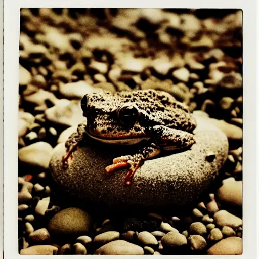 Image similar to a toad on a pile of round smooth rocks put one on another, polaroid photo, instax, white frame, by Warhol,