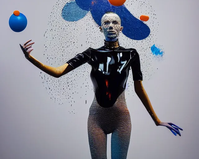 Image similar to portrait of a transforming model wearing futuristic bodysuit doing poses on a rotating platform in a photography studio surrounded by lights by james jean and luc tuymans and beeple and hernan bas and pat steir and hilma af klint, psychological, 3 d, dripping paint, high quality render, masterpiece