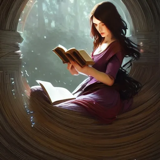 Image similar to a girl reading a book, dynamic action pose, hair flowing down, intricate, highly detailed, digital painting, artstation, concept art, smooth, sharp focus, illustration, Unreal Engine 5, 8K, art by artgerm and greg rutkowski and alphonse mucha