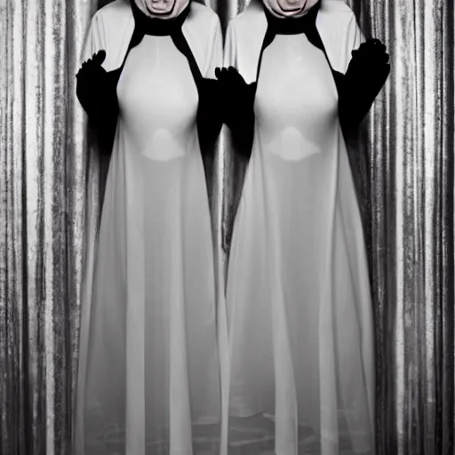 Prompt: award winning photo Floating twin nuns wearing translucent habits, see through dress, Very long arms, in a bedroom, eerie, frightening —width 1024 —height 1024