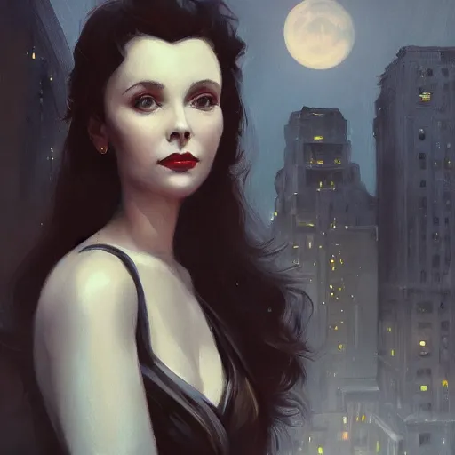 Image similar to portrait of a young vivian leigh, dramatic light, city background, night, moon, chiaroscuro, high detail, sharp, painted by greg rutkowski, painted by igor kieryluk, painted by bobby chiu, trending on artstation