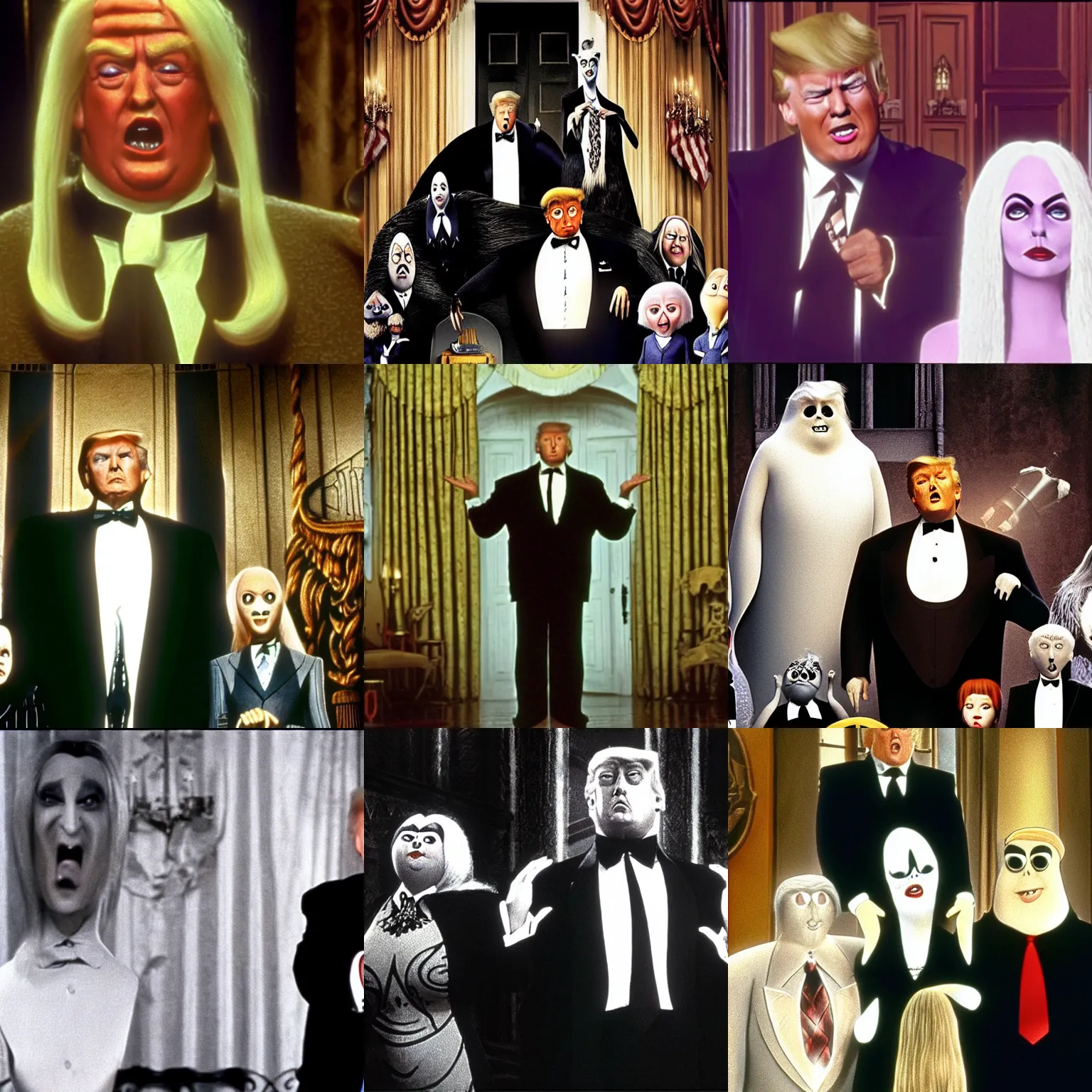 Prompt: donald trump in the addams family ( 1 9 9 1 ), film still, high quality