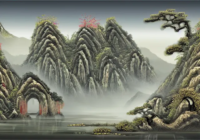 Prompt: ancient Chinese beautiful landscape mode concept art high realism