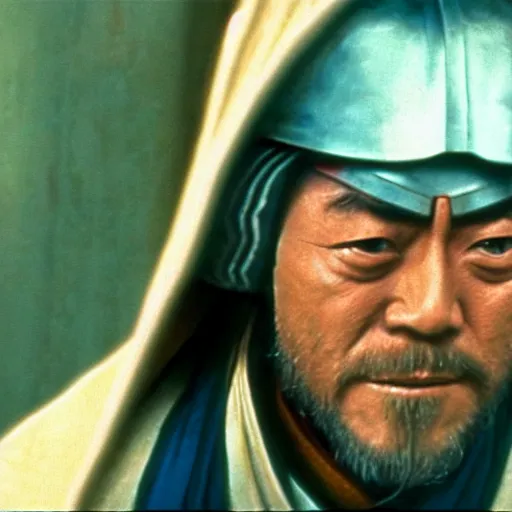 Prompt: technicolor still of toshiro mifune as obi wan kenobi in star wars : a new hope