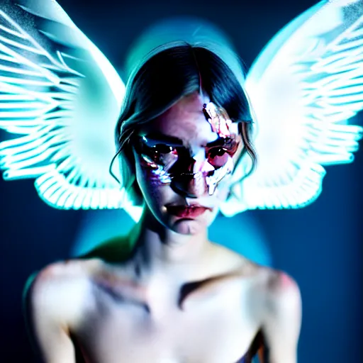 Image similar to portrait art of female angel, art by alessio albi 8 k ultra realistic, angel wings, lens flare, atmosphere, glow, detailed, intricate, full of colour, led lighting, trending on artstation, 4 k, hyperrealistic, focused, extreme details, unreal engine 5, masterpiece