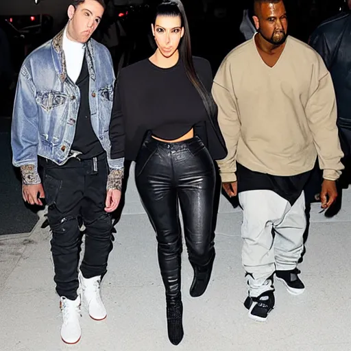 Prompt: kim kardashian standing in the middle of kanye west and pete davidson