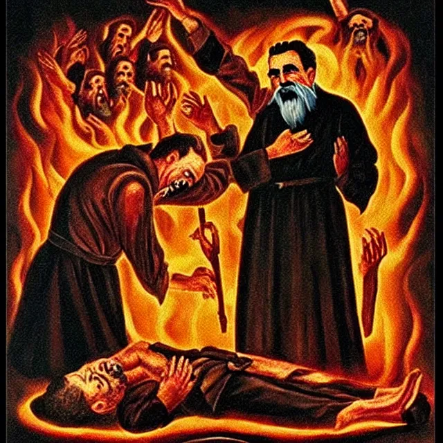 Prompt: orthodox horror icon of stalin being tortured in hell