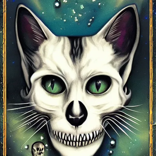 Prompt: cat skull tarot card, digital, rider waite card, painting, ultradetailed, artstation, oil painting, ultradetailed, artstation