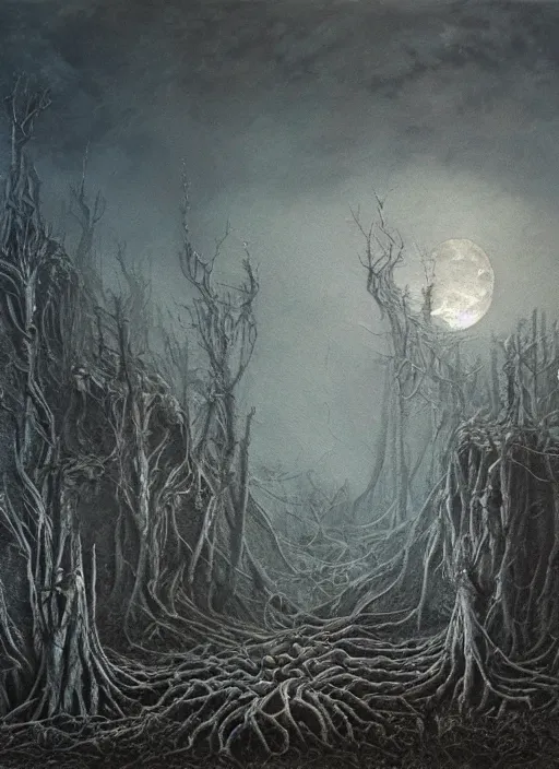 Image similar to a intricate oil painting of The Tomb in the dystopian landscape is opening through the ground, the dead has arisen under the glowing moon, dead trees and a brooding landscape by Giger and Dariusz Zawadzki and Beksinski