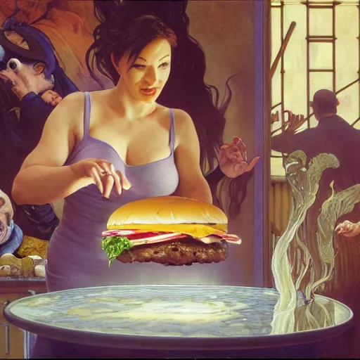 Prompt: Christy Mack eating giant hamburgers, sexy sesame seed buns, extra bacon lettuce and tomato, french fries levitate in the background and cast holy light, drawn by Donato Giancola and Jon Foster, frank frazetta, alphonse mucha, background by James Jean and gustav klimt, 4k, volumetric lighting, trending on artstation, hyperrealistic