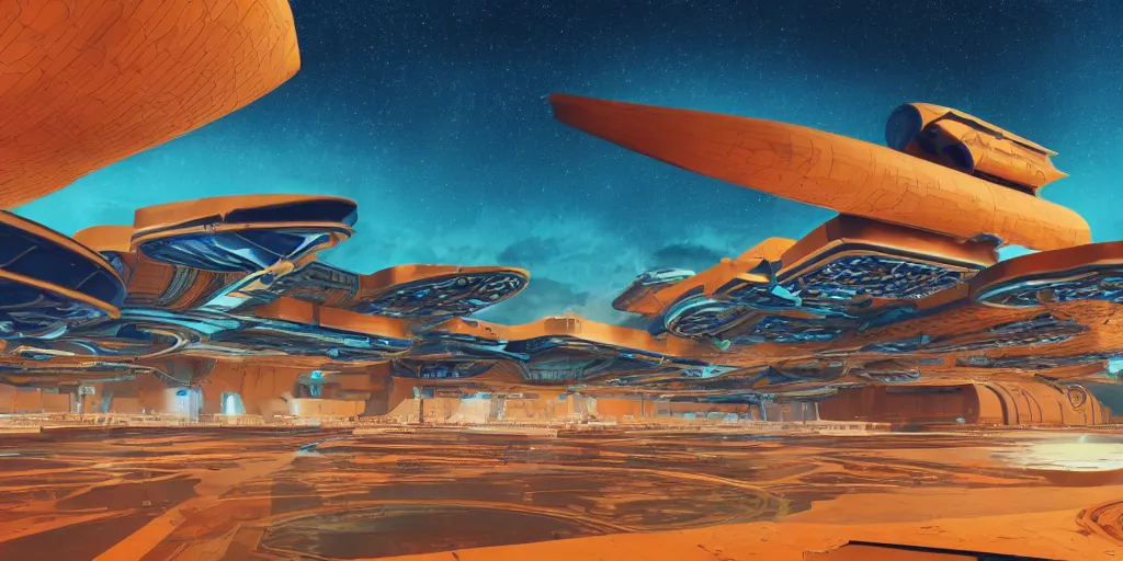 Image similar to cinematic still of hyper detailed realistic afro futurist spaceport designed by frank lloyd wright architect, retro flying aircraft cyborgs, deep perspective, wide angle, insanely detailed and intricate, teal gold and orange color scheme,