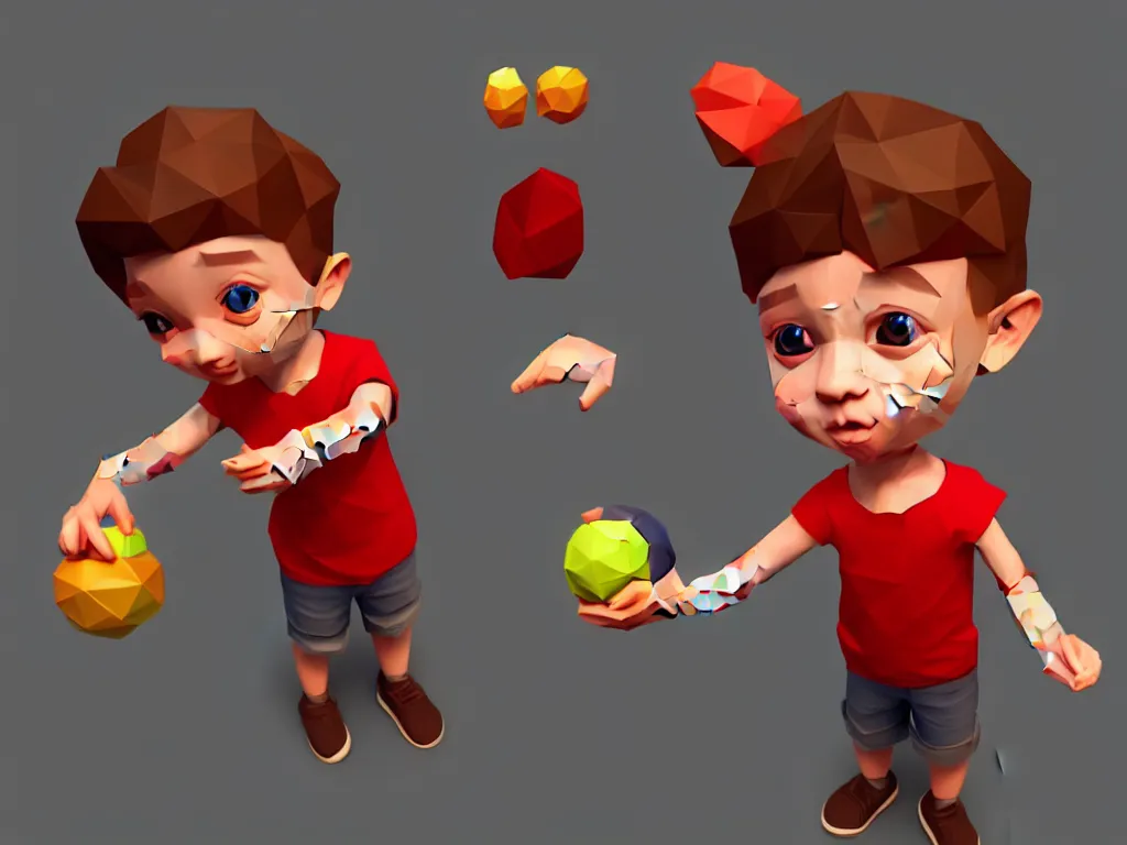 Image similar to a young boy holding a toy, rolled up sleeves, character design, low poly, pinterest, 4 k