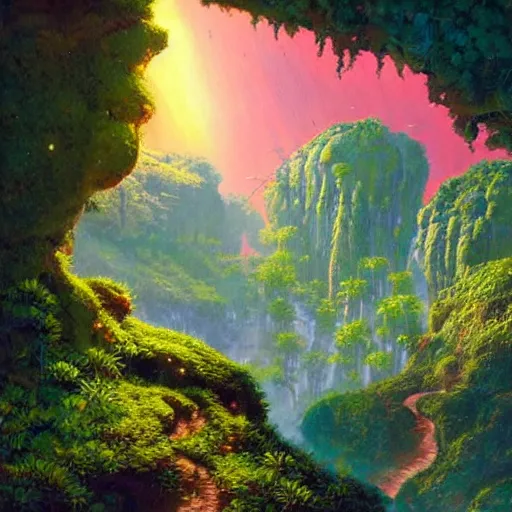 Prompt: detailed illustration of a lush natural scene on an alien planet by paul lehr. beautiful landscape. weird vegetation. cliffs and water.