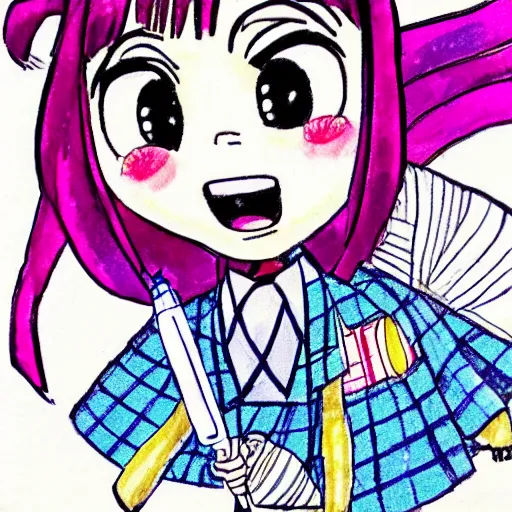 Image similar to a perfect professional sketch of a funny and cute Japanese schoolgirl, by ink pen with a few colored pens, in style of Disney Pixar, CalArts, on high quality paper