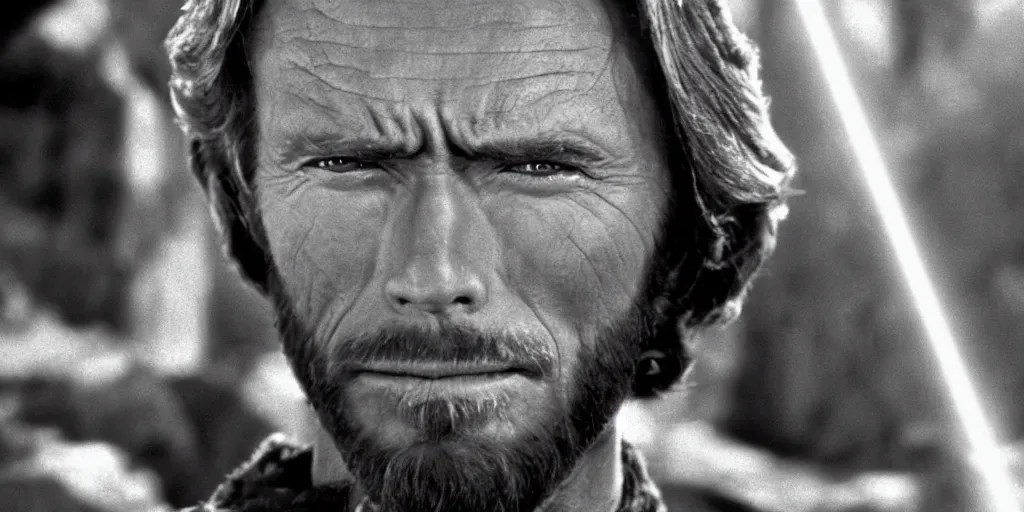 Prompt: Still of Clint Eastwood! as jedi master Obiwan kenobi. in Star Wars (1977). detailed eyes