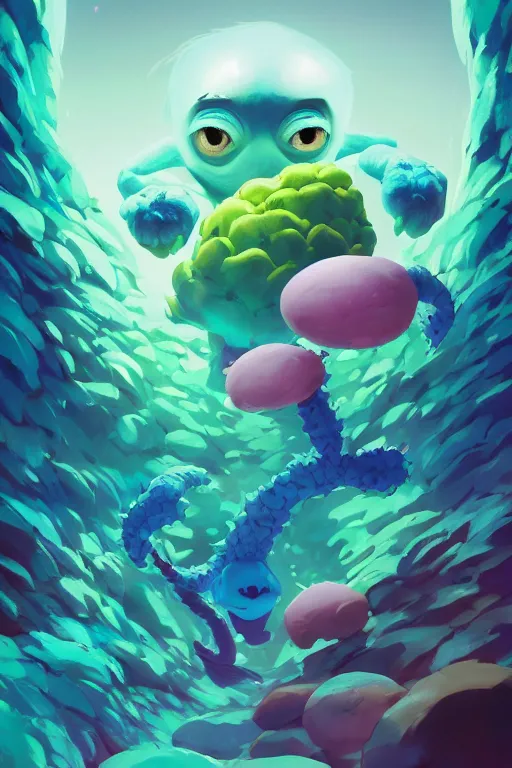 Image similar to smurf ghost creature animal sushi cristal very big eye roots cactus elemental flush of force nature micro world fluo fishscale, behance hd by jesper ejsing, by rhads, makoto shinkai and lois van baarle, ilya kuvshinov, rossdraws radiating a glowing aura global illumination ray tracing hdr