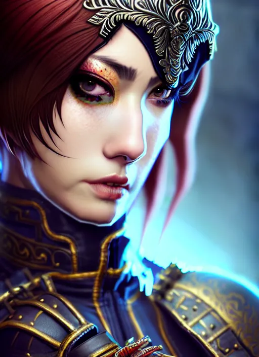 Prompt: rogue, fantasy ornate leather bandit outfit!!! close - up portrait beautiful and athletic short hair female!! gorgeous face and eyes!! character concept art, sharp focus, octane render! unreal engine 5! highly rendered!! trending on artstation!! detailed linework!! illustration by artgerm, wlop, and chie yoshii