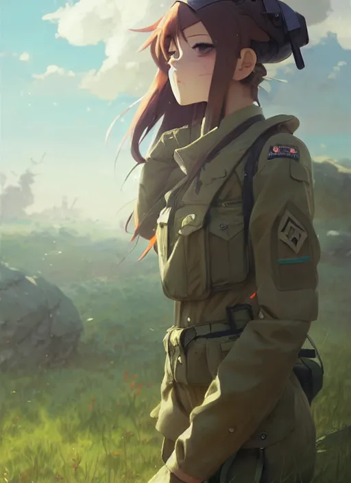 Image similar to portrait of cute soldier girl taking cover, cloudy sky background lush landscape illustration concept art anime key visual trending pixiv fanbox by wlop and greg rutkowski and makoto shinkai and studio ghibli and kyoto animation soldier clothing military gear realistic anatomy mechanized