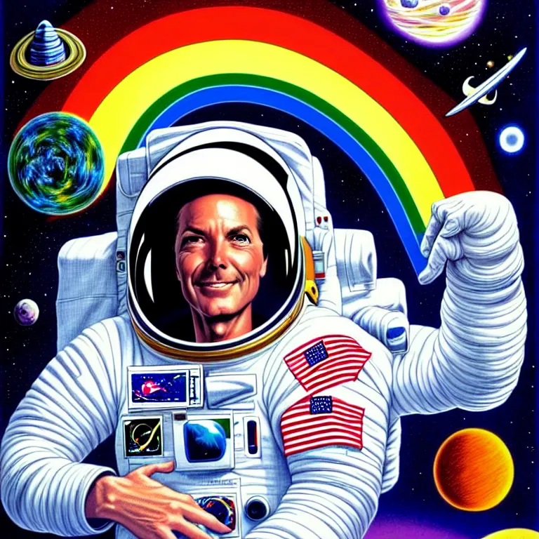 Image similar to astronaut at the rainbow bridge. paul gulacy. philip caza. artgerm.