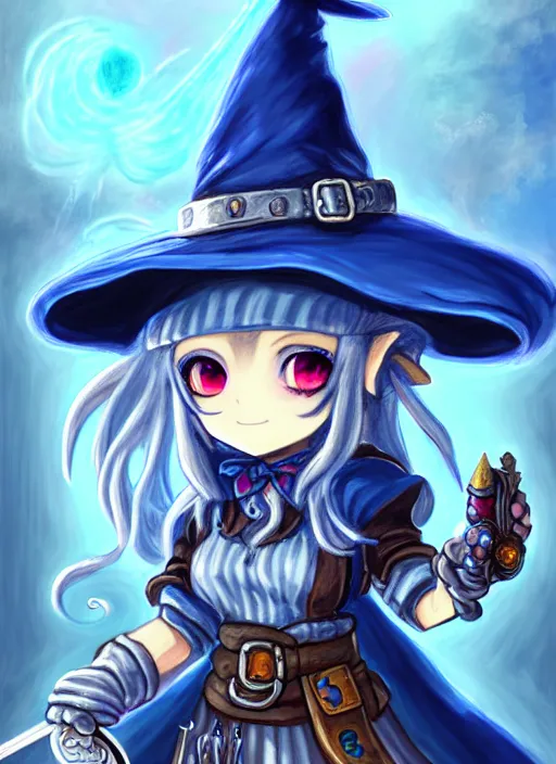 Prompt: a portrait of girl alchemist in blue dress, witch hat, silver magic explosion, fantasy, dungeons and dragons, an ultrafine detailed painting, chibi, detailed painting, boris valejo. octopath traveler decal!!!