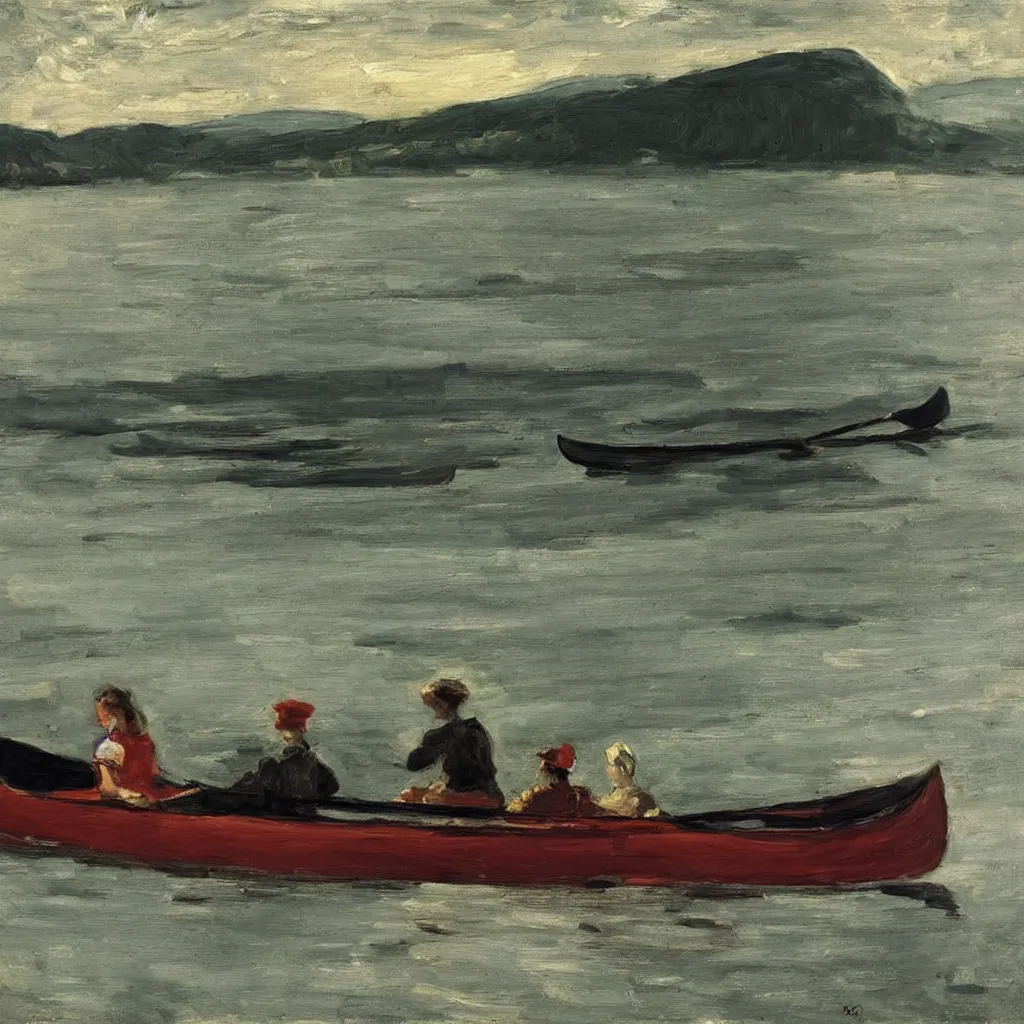 Image similar to a beautiful woman sitting in canoe on the hudson river, oil painting, style of george bellows