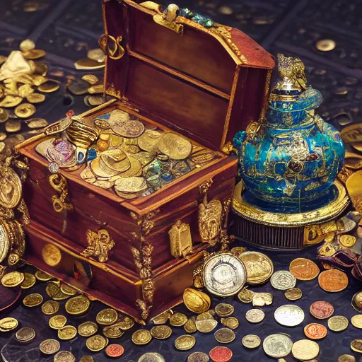 Prompt: A treasure chest filled with jewels, coins and golden artefacts, 4k, hdri, museum quality photo