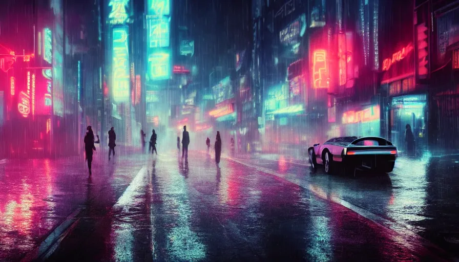 Image similar to street from bladerunner 2049, neon lights, rain, flying cars, people walking