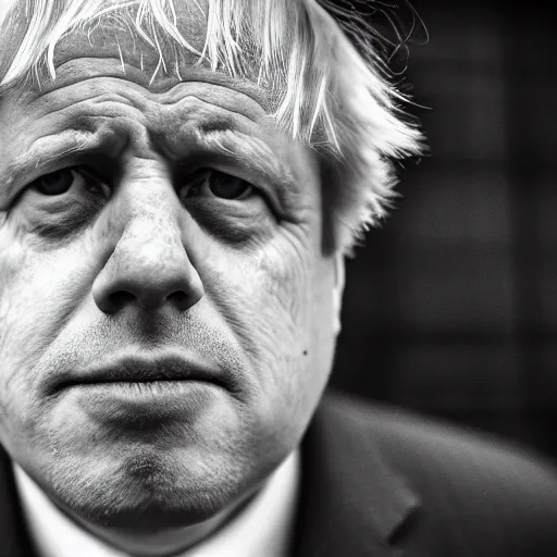 Image similar to Boris Johnson with half face missing, morbid, evil, dark photography, realistic, candid street portrait in the style of Rehahn award winning, Sony a7R,