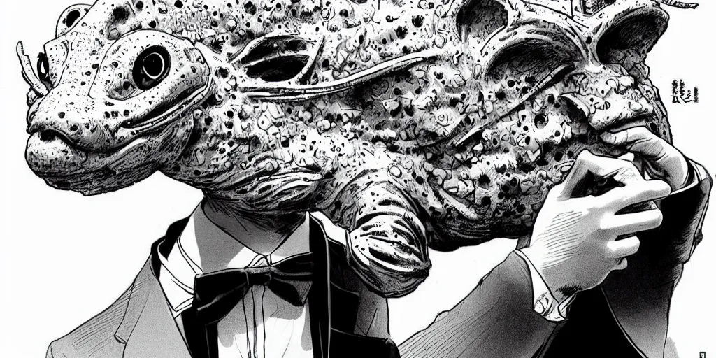 Image similar to a man in a black suit wearing an axolotl mask. ultrafine hyperdetailed illustration by kim jung gi