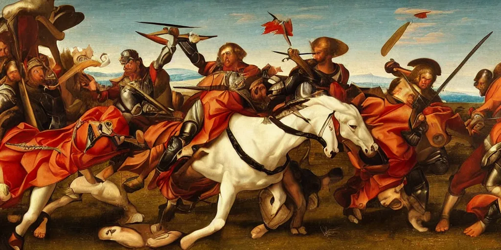 Prompt: renaissance-style painting of knights riding orcas on a battlefield in Italy, very dramatic atmosphere,