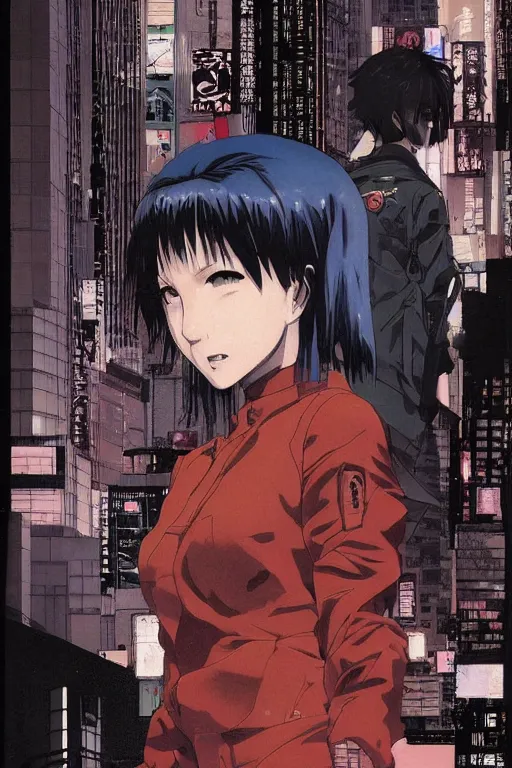 Prompt: professionally drawn 9 0 s seinen mature cyberpunk horror detective action manga comic cover, full color, beautifully drawn coherent professional, drawn by ilya kuvshinov, ilya kuvshinov, and hiromu arakawa and tsutomu nihei. japanese script on the cover. stern woman in foreground with wide beautiful blue eyes. award - winning manga by satoshi kon.