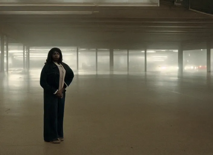 Prompt: cinematic screenshot high wide angle shot of octavia spencer standing in a foggy a desolate strange department store empty parking lot, one car, paranoia everywhere, screenshot from the tense psychological thriller film ( 2 0 0 1 ) directed by spike jonze, volumetric hazy lighting, anamorphic lens, moody cinematography, 3 5 mm kodak color stock