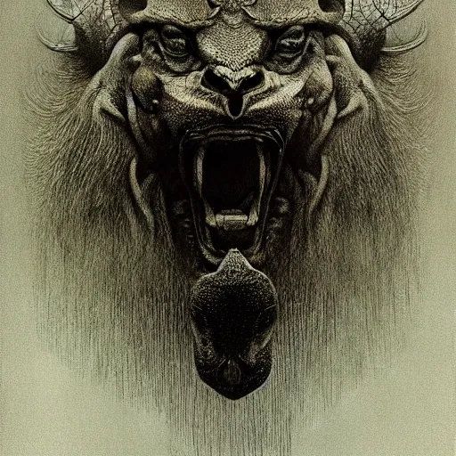 Image similar to creature with with four faces : eagle, bull, man, lion. drawn by zdzislaw beksinski